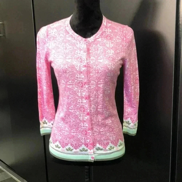 Talbots Cardigan Sweater, button-down, round neck,pink w/ green trim - Picture 1 of 9